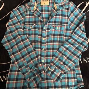 Hollister Turquoise and Navy Plaid Button-Up Shirt